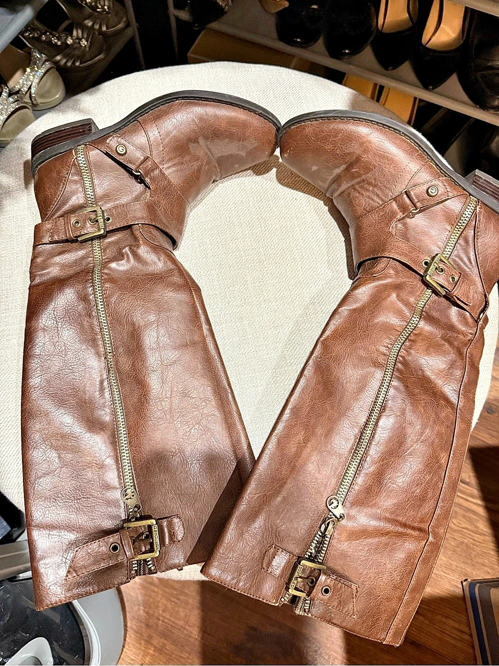 Guess Brown Leather-Look Buckle Boots Wide Calf